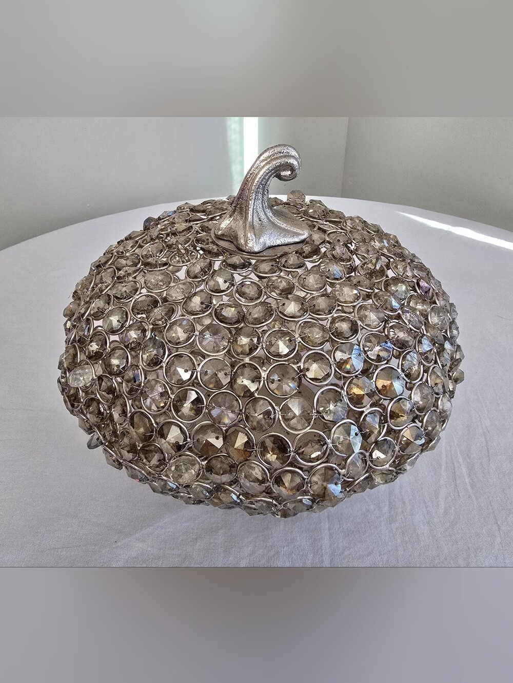 10" Smokey Gray Crystal Gem Pumpkin Silver Metal Jeweled Fall Decor Thanksgiving